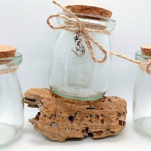 May include: Three clear glass jars with cork lids, adorned with twine and seashell, mermaid, and starfish charms. The jars are empty, and one rests on a piece of driftwood. A rustic, beach-themed decorative item.