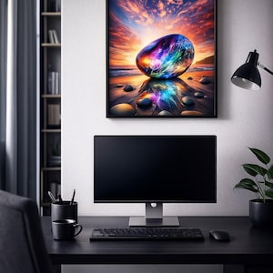 May include: A framed art print depicting a colorful, glowing stone on a beach at sunset. The artwork is mounted above a black computer monitor, keyboard, and mouse on a black desk. A black desk lamp and a potted plant are also visible.