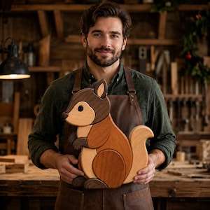May include: A handcrafted wooden squirrel figure composed of multiple interlocking pieces in varying shades of brown, tan, and light wood tones, featuring a curved tail, rounded ears, and a smooth finish, held in front of a workshop setting.