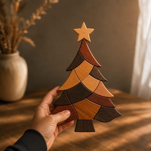 May include: A decorative wooden Christmas tree puzzle featuring interlocking segments in various natural wood tones including light, medium, and dark brown. The tree is topped with a carved wooden star and has a smooth, polished finish.