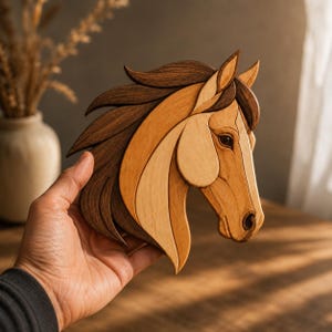 May include: A handcrafted wooden horse head wall art piece featuring layered segments of light, medium, and dark brown wood. The design showcases a detailed equine profile with a flowing mane, smooth contours, and natural wood grain textures throughout.