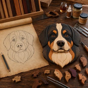 May include: A handcrafted wooden Bernese Mountain Dog head sculpture featuring black, brown, and white wood segments. Beside it lies a detailed pencil sketch of the dog on parchment paper, along with numbered wooden puzzle pieces and tools.