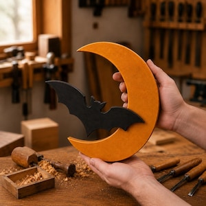 May include: A crescent moon-shaped object in a vibrant orange hue, featuring a solid black bat silhouette attached to the front. The item is constructed with a smooth, matte finish and displays a distinct curved form with pointed ends.