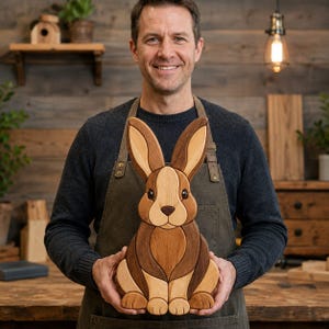 May include: A handcrafted wooden rabbit figurine featuring a multi-tonal design with light, medium, and dark brown wood segments. The rabbit is depicted in a seated position with long, upright ears, a rounded snout, and smooth, polished surfaces.