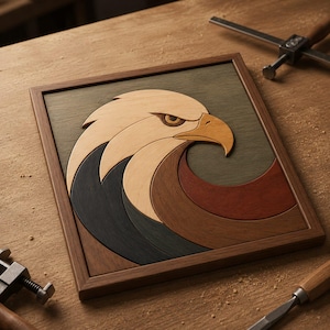 Intarsia-patroon van een Amerikaanse zeearend (PDF) | Sjabloon voor figuurzaag | Houtbewerkingspatroon van een adelaar | Houten kunstwerk met dieren in het wild | DIY wanddecoratie | Digitale download