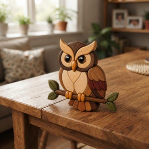 May include: A decorative wooden owl figurine perched on a branch. The owl is crafted from various shades of wood, including light tan, medium brown, dark brown, and reddish-brown tones. It features large, dark, glossy eyes and a small orange beak.