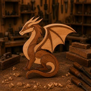 May include: A decorative wooden dragon figurine crafted from two distinct shades of light and dark brown wood. The dragon is depicted in a standing profile position with its wings extended, featuring smooth, layered wooden segments and clean edges.
