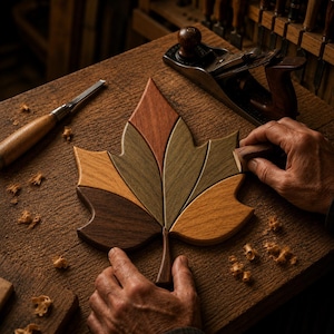 May include: A decorative wooden maple leaf composed of multiple segments in varying shades of brown, tan, and muted green. The leaf features a distinct stem and is constructed from smooth, polished wood pieces fitted together in a mosaic pattern.