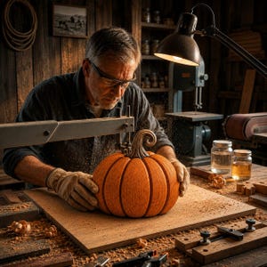 Peut inclure: Une personne portant des lunettes de protection et des gants de travail utilise une scie à chantourner pour découper une citrouille en bois. La citrouille teintée orange présente des rainures verticales et une tige courbée sur une planche.