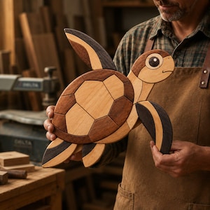 May include: A handcrafted wooden sea turtle wall art piece featuring a segmented shell design. The turtle is constructed from various shades of natural wood, including light tan, medium brown, and dark espresso tones, creating a layered effect.