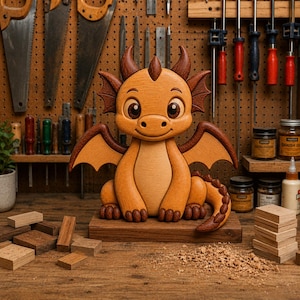 May include: A wooden dragon figurine featuring a light tan body with darker brown accents on the horns, wings, and tail. The dragon has large, dark eyes and is mounted on a rectangular wooden base, showcasing smooth, polished wood grain textures.