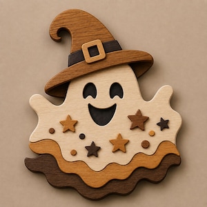 May include: A layered wooden wall decoration shaped like a ghost wearing a witch hat. The ghost is light beige with dark brown and tan wavy layers at the bottom. It features a dark brown hat with a buckle and several small wooden stars and dots.