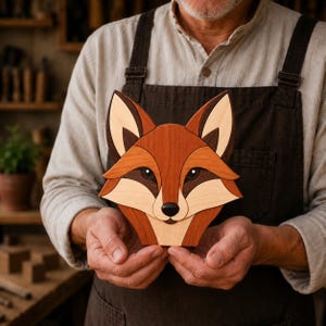 May include: A handcrafted wooden fox head wall art piece featuring layered segments of light, medium, and dark brown wood. The fox face displays pointed ears, almond-shaped eyes, a dark nose, and a symmetrical geometric design with smooth edges.