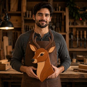 May include: A handcrafted wooden deer head wall plaque featuring layered wood tones in shades of light and dark brown. The deer head has detailed antlers, a smooth finish, and a natural wood grain texture, showcasing a stylized animal portrait.