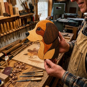 May include: A handcrafted wooden dog head wall art piece made from various shades of natural wood, including light tan, medium brown, and dark espresso tones. The dog features a smooth black nose and a detailed eye, assembled from interlocking pieces.