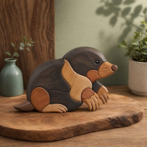Könnte beinhalten: Eine handgefertigte Maulwurf-Figur aus Holz, die aus mehreren ineinandergreifenden Holzteilen in verschiedenen Schattierungen von Dunkelbraun, hellem Beige und Rötlich-Braun besteht. Die Figur hat einen runden Körper, eine spitze Schnauze und detaillierte Vorderpfoten.