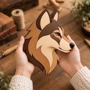 May include: A wooden wall art piece shaped like a wolf head, crafted from multiple shades of natural wood including light tan, medium brown, and dark espresso. The wolf features a pointed ear, a sharp snout, and a small black nose detail.