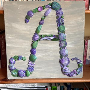 Könnte beinhalten: Eine quadratische graue Holzplatte mit einem großen Buchstaben A, der aus einer Auswahl an violetten und grünen Muscheln besteht. Die Muscheln sind in Form des Buchstabens angeordnet, wobei verschiedene Größen und Texturen einen Mosaikeffekt erzeugen.