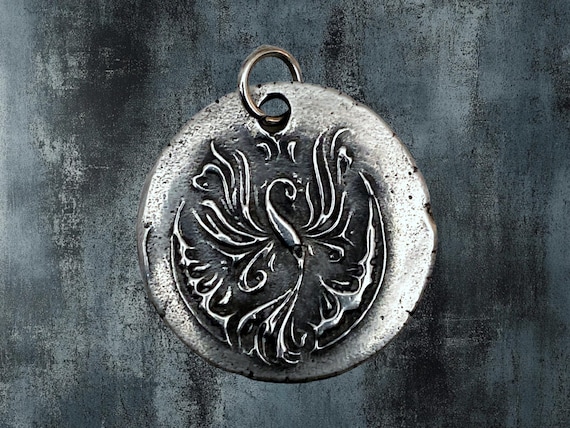 Phoenix Rising Pendant - Hand-Cast Premium Quality Pewter - Artisan Handcrafted Jewelry - Rustic Silver Talisman - Medallion