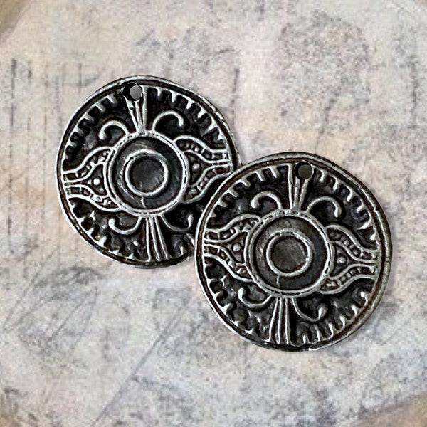 Aztec Medallion - Hand Cast Rustic Pewter Charms - Precolumbian Design