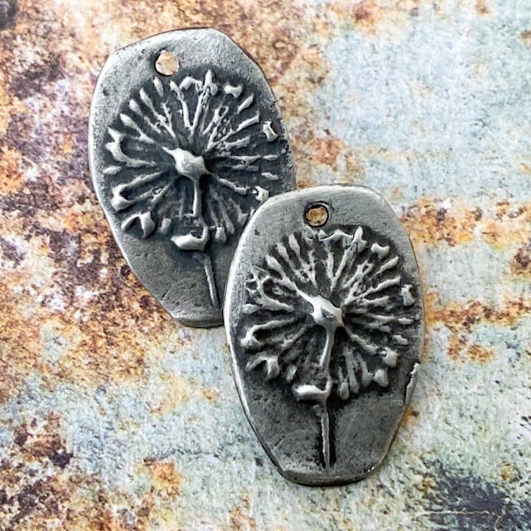 Dandelion Dreams - Hand Cast Rustic Pewter Artisan Jewelry Component Pair - Boho - Flower Charms