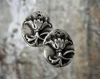 Antique Flower Charms - Handmade Rustic Pewter Jewelry Components - Vintage Floral