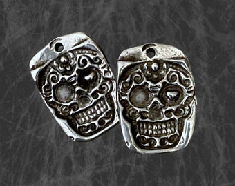 Sugar Skull Charms - Day of the Dead Skulls - Calavera Hand Cast Rustic Pewter Jewelry Components