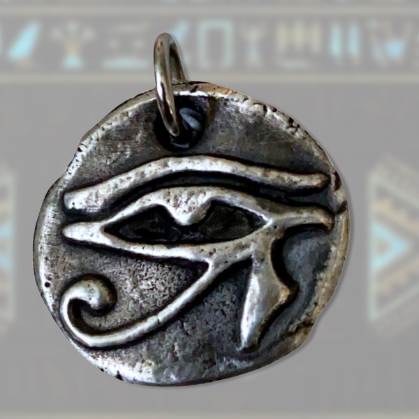Eye of Horus Pendant - Rustic Pewter Charm - Egyptian Jewelry - Hieroglyphics- Eye of Ra - Ancient Artifact - Amulet