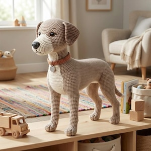 Puede incluir: Una gran figura de perro de ganchillo en tonos beige y crema, de pie sobre una superficie de madera. El perro tiene un collar marrón con una etiqueta plateada. Es un artículo decorativo para una habitación infantil.