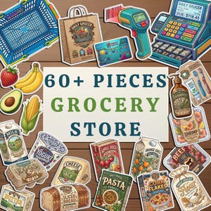 May include: A collection of illustrated grocery store items, including a shopping basket, a cash register, and various food products like fruit, vegetables, and packaged goods. The image includes the text "60+ PIECES GROCERY STORE."