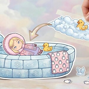 May include: A die-cut sticker set featuring a light blue igloo-shaped bathtub with a blonde character in a pink parka, a blue whale, a yellow rubber duck, and a separate bubble foam piece with a yellow duck, plus small penguin and crystal accents.