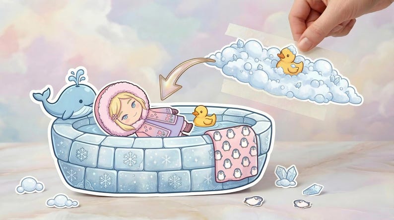 May include: A die-cut sticker set featuring a light blue igloo-shaped bathtub with a blonde character in a pink parka, a blue whale, a yellow rubber duck, and a separate bubble foam piece with a yellow duck, plus small penguin and crystal accents.