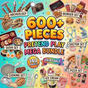 Kit Mega de Faz de Conta, Conjunto Dramático Imprimível, Pacote de Atividades Montessori para Casa, Brinquedo PDF Recortável DIY