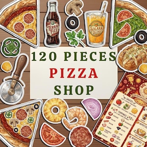 Puede incluir: Una colección de pegatinas e ilustraciones con temática de pizza, que incluyen porciones de pizza, ingredientes, bebidas y un cortador de pizza. La imagen central dice "120 Pieces Pizza Shop". La imagen tiene un estilo rústico y dibujado a mano.