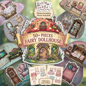 Peut inclure: Un ensemble de maison de poupée de fées avec plus de 50 pièces, comprenant des meubles imprimés et des vêtements de fées chibi. La conception présente une maison en forme de champignon avec une porte en forme de cœur, entourée de divers meubles et accessoires de maison de poupée.