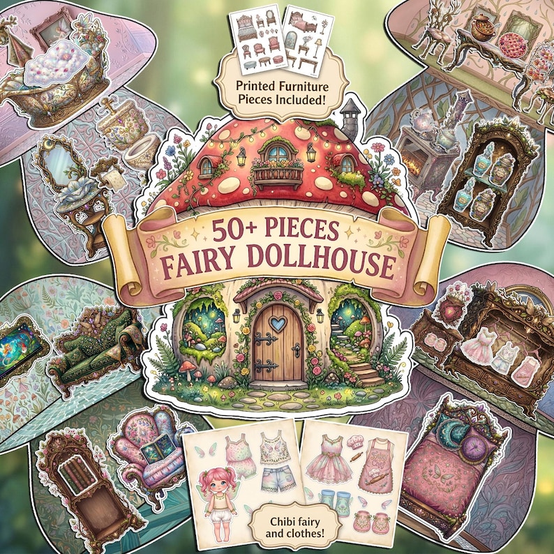 Whimsical 50+ pieces Fairy Dollhouse printable set featuring a mushroom-shaped house, ornate vintage furniture, and a chibi fairy doll with paper clothes. The collection includes detailed stickers of a floral bed, vanity, cozy sofa, and kitchen accessories in a magical pastel cottagecore aesthetic, perfect for creative DIY paper crafts and kids' imaginative play.