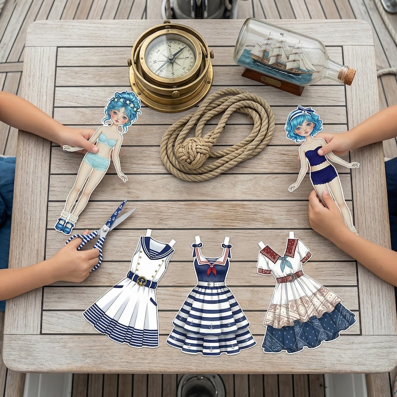 Nautical Sailor style paper doll with navy blue outfits and anchor accessories on a desk. Features a 16cm tall doll with pre-fitted marine fashion. High-resolution printable PDF for creative play and scrapbooking. Part of a 120-page mega bundle inspired by modern Pinterest aesthetics.