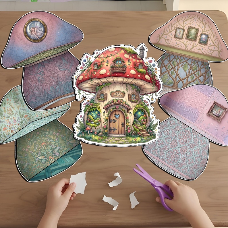 Child's hands using purple scissors to cut out a DIY printable fairy cottage paper craft set. The flat lay includes a large mushroom-shaped fairy house sticker and several decorative mushroom rooms with pastel floral patterns, vine wallpaper, and tiny framed art. This magical cottagecore activity is perfect for kids' scrapbooking, imaginative play, and creative forest-themed paper doll projects.