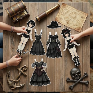 Pirate Girl paper doll set featuring a treasure map and nautical accessories on a table. Includes detailed pirate outfits for a 16cm doll. Large printable activity pack for kids and adults. Perfect for storytelling, DIY gifts, and adventure-themed paper craft projects.