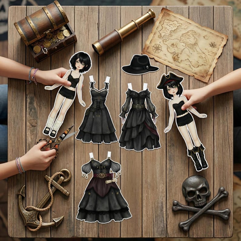 Pirate Girl paper doll set featuring a treasure map and nautical accessories on a table. Includes detailed pirate outfits for a 16cm doll. Large printable activity pack for kids and adults. Perfect for storytelling, DIY gifts, and adventure-themed paper craft projects.