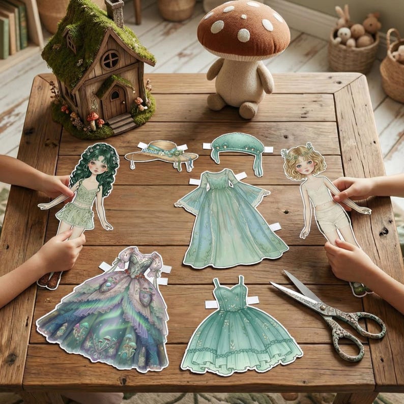 Overhead view of a paper doll activity set on a wooden table. Features a fairy-themed paper doll with wings, 4 ethereal floral outfits, and 16cm doll base. Aesthetic props like tiny moss and glitter. Part of a 500+ printable mega pack for journaling, scrapbooking, and DIY paper crafts.