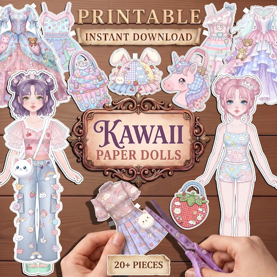 Kawaii Paper Dolls, Printable Coquette Princess Dress Up, Anime Manga Fashion Girl Activity