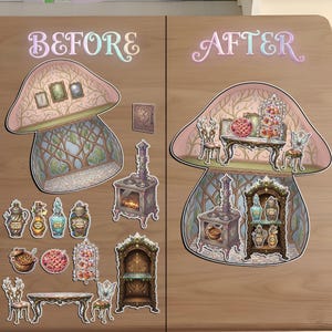 Before and After assembly of a magical fairy kitchen and dining set. Features paper cutouts of an ornate stove, potion bottles, a dessert stand, and a wooden dining table. The right side displays the items arranged inside a mushroom-shaped room with vine wallpaper. This printable cottagecore set is designed for creative storytelling and DIY miniature dollhouse enthusiasts.