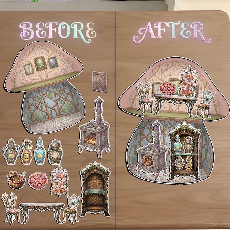 Before and After assembly of a magical fairy kitchen and dining set. Features paper cutouts of an ornate stove, potion bottles, a dessert stand, and a wooden dining table. The right side displays the items arranged inside a mushroom-shaped room with vine wallpaper. This printable cottagecore set is designed for creative storytelling and DIY miniature dollhouse enthusiasts.
