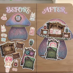 Before and after comparison of a DIY printable fairy dollhouse bedroom kit. The left side shows individual paper cutouts of a chibi fairy, floral bed, and vintage wardrobe. The right side shows the assembled scene inside a purple mushroom-shaped room. This cottagecore paper craft set features ornate magical furniture and doll clothes, perfect for creative kids' activities and storytelling.