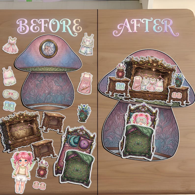 Before and after comparison of a DIY printable fairy dollhouse bedroom kit. The left side shows individual paper cutouts of a chibi fairy, floral bed, and vintage wardrobe. The right side shows the assembled scene inside a purple mushroom-shaped room. This cottagecore paper craft set features ornate magical furniture and doll clothes, perfect for creative kids' activities and storytelling.