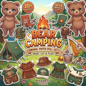Printable Bear Paper Dolls, Animal Dress Up, Forest Camping Pretend Play, Preschool Kids Activity