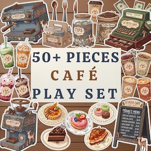 Könnte beinhalten: Ein Set aus über 50 Aufklebern zum Thema Café mit einer Espressomaschine, einer Registrierkasse, einem Trinkgeldglas, Kaffeebohnen, einer Menütafel und verschiedenen Gebäckstücken wie Donuts, Croissants und Kuchen mit Le Petit Cafe Branding.