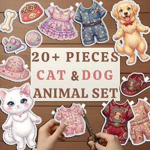 Muñecas de Papel de Gatitos y Perritos, +20 Atuendos Kawaii de Perros y Gatos, Libro de Actividades de Vestir Mascotas, Descarga Digital
