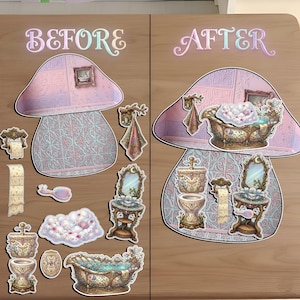 Before and after comparison of a DIY fairy-themed mushroom bathroom paper craft. Left side shows individual paper stickers: a floral bathtub, ornate toilet, vintage vanity mirror, and bath accessories. Right side shows the assembled 2D mushroom house interior with furniture placed on pastel tiled walls. Enchanted forest aesthetic, whimsical dollhouse decor, and magical kids' activity.